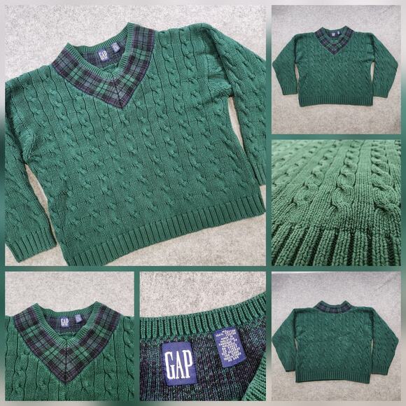 VTG GAP Sweater Womens XL Green Cable Knit Plaid V Neck Cotton Pullover Preppy - Picture 1 of 12